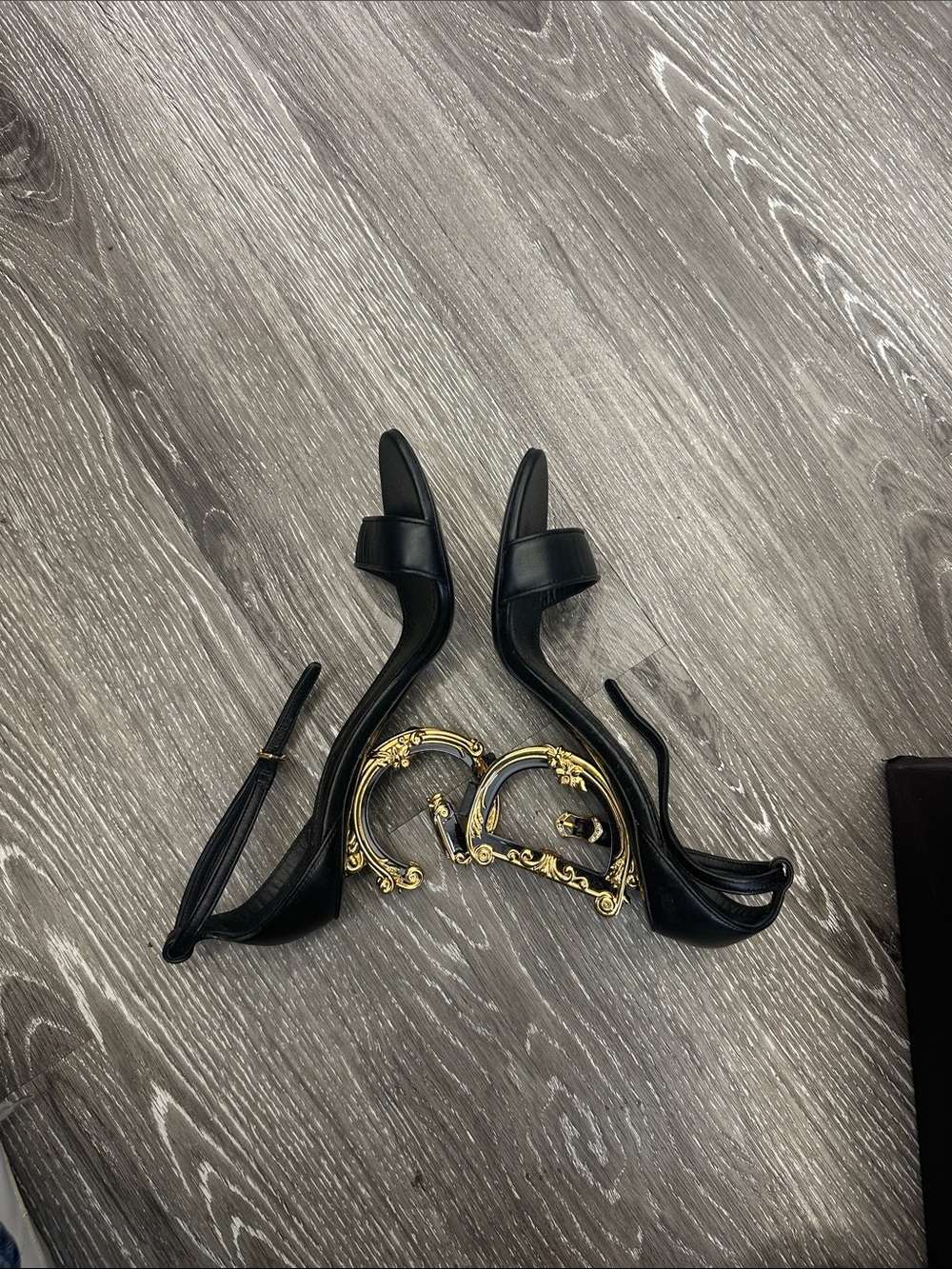 Dolce & Gabbana Black Heeled Sandals with Gold Baroque Hardware